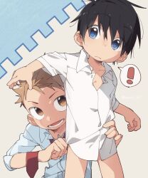 ! 2boys bad_id bad_twitter_id black_hair blue_eyes brown_eyes brown_hair closed_mouth collared_shirt highres inactive_account male_focus multiple_boys necktie open_mouth original red_necktie shirt short_hair shota spoken_exclamation_mark sweatdrop twitter_username undressing_another white_shirt wool_bl yaoi