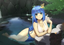 1girl :t arm_rest bare_arms bare_legs bare_shoulders barefoot bikini blue_hair blue_sarong boots breasts cleavage closed_mouth collarbone day eating elbow_rest full_body green_eyes hair_ornament halterneck hand_up index_finger_raised light_blush long_hair looking_at_viewer lying medium_breasts navel on_side original outdoors partially_submerged pinta_(ayashii_bochi) plant pointy_ears rock sarong solo straight_hair swept_bangs swimsuit twisted_torso unworn_boots water