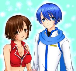 Rule 34 | 1boy, 1girl, artist name, bare shoulders, blue eyes, blue hair, blue scarf, breasts, brown eyes, brown hair, cleavage, closed mouth, coat, cropped shirt, kaito (vocaloid), kigidere, light smile, long sleeves, looking at viewer, medium breasts, meiko (vocaloid), open mouth, red shirt, scarf, shirt, short hair, signature, sleeveless, sleeveless shirt, smile, upper body, vocaloid, white coat, zipper pull tab