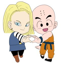 1boy 1girl android_18 bald bald_male black_eyes blonde_hair blue_eyes chibi couple dragon_ball happy heart heart_hands husband_and_wife kuririn smile white_background