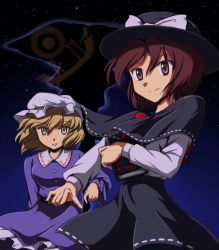 2girls arm_up belt bird blonde_hair blue_dress boat book bow breasts brown_eyes brown_hair buttons capelet dress dress_shirt female_focus flx gap_(touhou) hat hat_bow light_smile long_sleeves looking_at_viewer maribel_hearn medium_breasts multiple_girls outstretched_arm parted_lips ribbon-trimmed_capelet ribbon_trim shirt short_hair skirt sky split_mouth star_(sky) starry_sky touhou trojan_green_asteroid usami_renko watercraft wind yellow_eyes