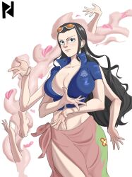 1girl black_hair blue_eyes blue_jacket breasts cleavage commentary cowboy_shot devil_fruit_power extra_arms eyewear_on_head hair_slicked_back high_collar highres jacket large_breasts long_hair nico_robin one_piece orange-tinted_eyewear panwar_art petals pink_petals pink_sarong sarong short_sleeves side_slit sidelocks solo tinted_eyewear