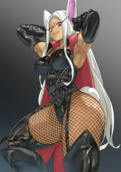 1girl animal_ears armpits arms_up ass belt black_gloves black_legwear boku_no_hero_academia breasts closed_mouth cosplay covered_erect_nipples doronjo doronjo_(cosplay) elbow_gloves eyelashes fishnets gloves highres impossible_clothes latex long_hair looking_at_viewer looking_down mirko muscular muscular_female rabbit_ears rabbit_tail red_eyes shosho_oekaki smile solo tail thick_thighs thighs very_long_hair white_hair yatterman