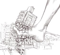 Rule 34 | 1other, ambiguous gender, barefoot, building, debris, destruction, feet, foot focus, giant, greyscale, monochrome, original, outdoors, road, rock suno, sketch, street, toes, town, traditional media