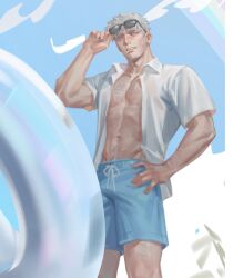 1boy blue_eyes blue_shorts character_request copyright_request doughblaster highres muscular muscular_male open_clothes open_shirt shirt shorts standing sunglasses white_hair white_shirt yaoi