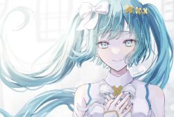 1girl ameshi0227 aqua_hair aqua_nails backlighting bare_shoulders blue_eyes blue_trim bow bowtie closed_mouth collared_shirt commentary_request hair_bow hair_ornament hands_on_own_chest hatsune_miku highres hiramado_miku kowareta_sekai_to_utaenai_miku long_hair looking_at_viewer nail_polish own_hands_together portrait project_sekai shirt simple_background sleeveless sleeveless_shirt smile solo sparkle straight-on swept_bangs twintails twitter_username very_long_hair vocaloid white_background white_bow white_bowtie white_shirt wind window x_hair_ornament