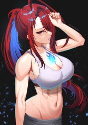 Rule 34 | 1girl, abs, absurdres, alternate costume, blue fire, blue hair, breasts, cleavage, colored inner hair, commentary, elizabeth rose bloodflame, english commentary, fire, fire on chest, highres, hololive, hololive english, huge breasts, long hair, multicolored hair, ponytail, red eyes, red hair, solevisionarts, solo, sports bra, sweat, toned, toned female, virtual youtuber, white sports bra