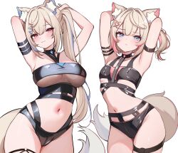 2girls :3 absurdres animal_ears arm_strap armpits arms_behind_head arms_up bare_shoulders bikini black_bikini black_choker blonde_hair blue_eyes blue_hair blush breasts chest_strap choker closed_mouth colored_inner_animal_ears commentary dog_ears dog_girl dog_tail english_commentary eyeshadow fuwawa_abyssgard hair_intakes hair_ornament hairclip highres hololive hololive_english koahri large_breasts long_hair looking_at_viewer makeup medium_hair mococo_abyssgard multicolored_hair multiple_girls navel one_side_up open_mouth pink_eyes pink_eyeshadow pink_hair siblings side_ponytail signature simple_background sisters skindentation smile stomach streaked_hair swimsuit tail thigh_strap thighs two-tone_hair virtual_youtuber white_background x_hair_ornament yellow_tail