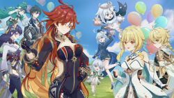 3boys 6+girls :d absurdres aether_(genshin_impact) ahoge balloon bear_minstrel beret biker_clothes bikesuit black_gloves black_jacket black_shorts blonde_hair blue_eyes blue_sky bodysuit braid braided_ponytail braided_sidelock brown_hair brown_jacket cape cloud cloudy_sky dress earrings flower furina_(genshin_impact) genshin_impact gloves green_cape green_eyes green_hat green_shorts hair_between_eyes hair_flower hair_ornament hat heterochromia highres holding holding_removed_eyewear jacket japanese_clothes jewelry kimono leggings long_hair looking_at_viewer lumine_(genshin_impact) mavuika_(genshin_impact) multiple_boys multiple_girls nahida_(genshin_impact) open_mouth outdoors paimon_(genshin_impact) purple_eyes purple_hair purple_kimono purple_thighhighs raiden_shogun red_eyes red_hair short_hair short_hair_with_long_locks short_kimono shorts sideways_glance sky smile thighhighs unworn_eyewear venti_(genshin_impact) vision_(genshin_impact) white_dress white_hair white_leggings yellow_eyes zhongli_(genshin_impact)