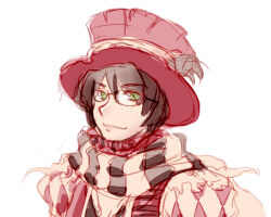 1boy black_scarf brown_hair closed_mouth commentary_request glasses green_eyes hat looking_at_viewer male_focus minstrel_(ragnarok_online) ragnarok_online red_hat red_scarf scarf short_hair simple_background smile solo striped_clothes striped_scarf upper_body white_background white_scarf yukimushi
