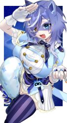 Rule 34 | 1girl, 3am, animal ears, black boots, black thighhighs, blue eyes, blue nails, blue thighhighs, boots, breasts, collared dress, dress, fang, fingerless gloves, gloves, hair ornament, heterochromia, highres, holding, lace-up boots, large breasts, mismatched thighhighs, multicolored nails, open mouth, oyu (oy234u), raccoon ears, raccoon girl, ribbed dress, salute, snuffy (vtuber), solo, sparkle print, star (symbol), star hair ornament, striped clothes, striped thighhighs, thighhighs, two-tone nails, white dress, white gloves, yellow eyes