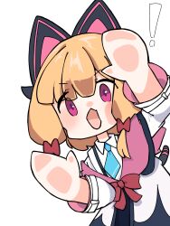 ! 1girl against_fourth_wall animal_ear_headphones animal_ears aqua_necktie black_jacket black_tail blonde_hair blue_archive blush cat_ear_headphones cat_ears cat_tail collared_shirt commentary_request fake_animal_ears fake_tail fourth_wall headphones highres hood hood_down hooded_jacket jacket long_sleeves looking_at_viewer momoi_(blue_archive) multicolored_jacket necktie no_halo off_shoulder open_mouth palms pink_eyes pink_jacket sasami_(user_hjwc8354) shirt short_hair short_necktie simple_background solo suspenders tail two-sided_fabric two-sided_jacket upper_body v-shaped_eyebrows white_background white_jacket white_shirt