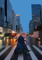 blue_sky bly_mead box_truck building bus car city digimon digimon_(creature) gabumon highres horns lights motor_vehicle multi-lane_road road scenery single_horn sky standing truck urban
