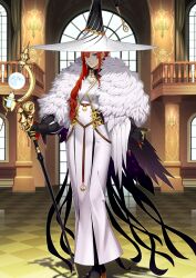 1girl black_boots black_skin black_sleeves boots breasts claws closed_mouth colored_extremities colored_skin dress earrings fate/grand_order fate_(series) full_body full_moon fur_shawl game_cg gold_earrings hair_over_one_eye hands_up hat holding holding_staff jewelry layered_dress light_smile long_dress long_hair long_sleeves looking_at_viewer medium_breasts miss_crane_(fate) miss_crane_(second_ascension)_(fate) moon official_art platform_boots puffy_sleeves purple_eyes red_hair shaka_p shawl solo staff standing third-party_source variant_set white_dress white_shawl wing_collar witch_hat