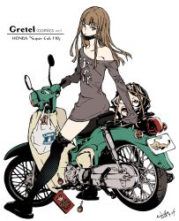Rule 34 | 1boy, alt text, anki (sinoalice), bag, black thighhighs, brown hair, brown shirt, candy, character name, clothes writing, dated, doll, flip-flops, food, food in mouth, frilled thighhighs, frills, green eyes, gretel (sinoalice), grey hair, highres, himiko (326ontheweb), honda super cub, legs apart, lollipop, long hair, long sidelocks, looking back, mask pull, motor vehicle, motorcycle, off shoulder, on motorcycle, open mouth, plastic bag, pocky, reality arc (sinoalice), red eyes, rolling eyes, rope, sandals, shirt, short hair, sidelocks, signature, simple background, sinoalice, sitting, sleeves past wrists, thighhighs, trap, white background, zettai ryouiki