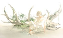 1boy arm_support artist_name collarbone english_text fossil grass hair_over_one_eye hand_on_own_leg head_tilt light_rays male_focus moss on_ground original pants plant rido_(ridograph) sand shirt shore short_hair sitting solo t-shirt tree vines water white_background white_hair white_pants white_shirt
