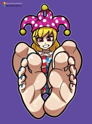 Rule 34 | 1girl, barefoot, blonde hair, blush, clownpiece, feet, foot focus, grin, hat, highres, long hair, looking at viewer, nail polish, purple eyes, reathroch, smile, soles, solo, toenail polish, toenails, toes, touhou