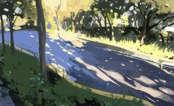 Rule 34 | day, grass, hill, no humans, original, outdoors, painting (medium), path, road, scenery, shadow, slow d, sunlight, traditional media, tree, tree shade