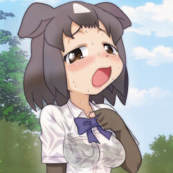 1girl animal_ears bear_ears bear_girl black_bra blue_bow blue_bowtie blush bow bowtie bra breast_pocket breasts brown_bear_(kemono_friends) brown_eyes brown_gloves brown_hair cloud collarbone floral_print gloves hot kemono_friends looking_at_viewer medium_breasts open_mouth pocket print_bra see-through_clothes see-through_shirt shirt short_hair short_sleeves sky smile standing sweat t_jiroo_(ringofriend) tree underwear upper_body wet wet_clothes wet_shirt white_shirt