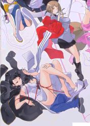1boy 2girls animal_hood barefoot black_eyes black_hair blue_eyes blue_pants bound breast_smother breasts brown_eyes brown_hair captured china_dress chinese_clothes computer devi_survivor devil_survivor_(series) devil_survivor_2 dress expressionless face_to_breasts hand_on_leg hetero highres hood hoodie kanno_fumi kuze_hibiki laptop large_breasts multiple_girls nitta_io panties pants rabbit_hood removing_panties short_hair side-tie_panties side_slit simple_background sweatdrop tied_up underwear untied_panties waifu2x white_hoodie yasuda_suzuhito