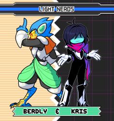 1boy 1other acenth armor berdly_(deltarune) bird_boy black_hair blue_skin character_name colored_skin deltarune furry furry_male glint gloves greaves index_finger_raised kris_(deltarune) pink_scarf scarf scouter sonic_(series) sonic_advance_(series) sonic_advance_3