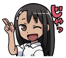 1girl 774_(nanashi) ;d black_hair brown_eyes collared_shirt ijiranaide_nagatoro-san long_hair looking_at_viewer lowres nagatoro_hayase one_eye_closed open_mouth salute shirt simple_background smile solo tan two-finger_salute upper_body white_background white_shirt