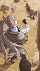 absurdres ankle_boots bird boots brown_cape brown_capelet brown_cloak cape capelet chia-yu_huang cloak desert feather_hair_ornament feathers friend_(nanashi_mumei) from_above gloves hair_ornament hawk hieroglyphics highres hololive hololive_english long_hair looking_at_viewer looking_back nanashi_mumei nanashi_mumei_(1st_costume) owl partially_fingerless_gloves ponytail ruins shirt very_long_hair virtual_youtuber white_shirt