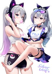 1girl absurdres animal_ear_headphones animal_ears aviary barefoot black_shorts blowing_bubbles blush breasts cat_ear_headphones chewing_gum commentary cross-laced_clothes cross-laced_shorts crossed_bangs drill_hair fake_animal_ears feet fur-trimmed_jacket fur_trim grey_eyes grey_hair hair_between_eyes hair_intakes headphones highres honkai:_star_rail honkai_(series) jacket legs long_hair looking_at_viewer multiple_views navel ponytail purple_streaks revision short_shorts shorts silver_wolf_(honkai:_star_rail) simple_background small_breasts thighs toes white_background