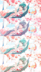 1girl aqua_eyes aqua_hair artist_name bell branch cherry_blossoms color_variation floral_print floral_print_kimono flower hair_bell hair_flower hair_ornament hatsune_miku highres japanese_clothes kimono long_hair looking_at_viewer print_kimono rimy_hong signature solo twintails upper_body variations very_long_hair vocaloid white_flower wide_sleeves wind_chime