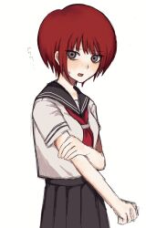1girl alternate_costume black_sailor_collar black_skirt breasts cowboy_shot danganronpa_(series) danganronpa_2:_goodbye_despair freckles highres holding_own_arm koizumi_mahiru kun_(oxx_kn_xxo) neckerchief pleated_skirt red_hair red_neckerchief sailor_collar short_hair short_sleeves skirt small_breasts solo translation_request