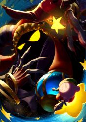 absurdres ascot botsusan bracelet commentary copy_ability disembodied_hand glowing glowing_eyes green_hat hat highres horns jewelry kirby kirby_(series) kirby_for_nintendo_gamecube looking_at_another multiple_bracelets nintendo no_humans nto0710o0 orb phrygian_cap prototype_design rayman_limbs signature size_difference sparkle star_(symbol) striped_horns sword_kirby warp_star white_ascot yellow_eyes
