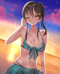 Rule 34 | 1girl, artist request, beach, black hair, bracelet, commentary request, crescent, crescent earrings, earrings, heaven burns red, highres, jewelry, one eye closed, ooshima ichiko, sunset, swimsuit, yellow eyes
