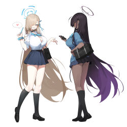 2girls absurdres asuna_(blue_archive) asuna_(school_uniform)_(blue_archive) bag black_footwear black_hair black_socks blonde_hair blue_archive blue_bow blue_bowtie blue_eyes blue_halo blush bow bowtie breasts brown_hair button_gap choker cleavage collared_shirt commentary_request dark-skinned_female dark_skin full_body gradient_hair grin hair_over_one_eye halo heart highres iak karin_(blue_archive) karin_(school_uniform)_(blue_archive) kneehighs large_breasts long_hair looking_at_viewer mary_janes miniskirt multicolored_hair multiple_girls official_alternate_costume pleated_skirt profile school_bag school_uniform shirt shirt_tucked_in shoes sidelocks sideways_glance simple_background skirt smile socks spoken_heart very_long_hair white_background white_shirt yellow_eyes