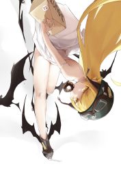 1girl aviator_cap bad_id bad_pixiv_id bakemonogatari bat_(animal) bat_wings bent_over black_footwear blonde_hair box donut dress food food_in_mouth goggles goggles_on_headwear highres holding holding_box long_hair looking_at_viewer monogatari_(series) oshin0_(zheng) oshino_shinobu signature simple_background solo strap_slip vampire very_long_hair white_background white_dress winged_footwear wings yellow_eyes