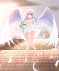 1girl alternate_costume angel angel_beats! angel_wings backlighting bare_legs bare_shoulders blush bouquet braid breasts clothes_lift clothes_pull collarbone commission day dress dress_lift dress_pull earrings elbow_gloves falling_feathers feathered_wings feathers floating_hair flower full_body glint gloves gluteal_fold groin hair_between_eyes half_up_braid highres holding holding_bouquet jewelry knees_together_feet_apart legs looking_at_viewer nipples no_bra no_socks on_stairs otou_(otou_san) outdoors outstretched_hand panties pantyshot parted_lips reaching reaching_towards_viewer rose short_dress sidelocks skeb_commission small_breasts solo standing strapless strapless_dress tenshi_(angel_beats!) thigh_gap thighs tsurime underwear variant_set wedding_dress white_dress white_flower white_footwear white_gloves white_panties white_wings wind wind_lift wings yellow_eyes yellow_flower yellow_rose