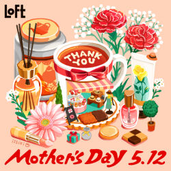 artist_name bottle bow box cake candy checkerboard_cookie chocolate cookie cosmetics cup english_text flower food food_focus gift gift_box issiki_toaki jar makeup mother&#039;s_day mug no_humans original perfume_bottle pink_background pink_flower pink_rose plant red_bow red_flower red_rose rose simple_background teacup thank_you tulip white_flower white_rose yellow_flower yellow_rose