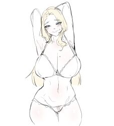 1girl armpits arms_behind_head arms_up blonde_hair blush bra breasts cleavage collarbone copyright_request covered_erect_nipples cowboy_shot curvy highres large_breasts long_hair looking_at_viewer mole mole_on_breast narrow_waist navel panties seoyong simple_background smile solo stomach straight_hair sweatdrop thick_thighs thighs underwear white_background white_bra white_panties wide_hips