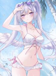 1girl arm_up bikini blue_sky blush bracelet breasts cleavage collarbone commentary cowboy_shot day ear_piercing english_commentary eyewear_on_head front-tie_bikini_top front-tie_top grey_hair heart heart-shaped_eyewear highres jewelry klee-on long_hair looking_at_viewer navel original outdoors parted_lips piercing purple_eyes sky solo sunglasses swimsuit twintails very_long_hair white_bikini