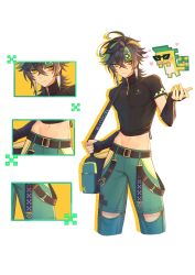 Rule 34 | 1boy, absurdres, ajaw (genshin impact), bag, belt, black belt, black gloves, black hair, black shirt, black sleeves, closed mouth, crop top, earrings, erzplubdduik93g, fingerless gloves, genshin impact, gloves, green eyes, green hair, green pants, hair between eyes, headband, highres, jewelry, kinich (genshin impact), male focus, midriff, multicolored hair, multiple views, navel, pants, shirt, short hair, shoulder bag, solo, streaked hair, white background