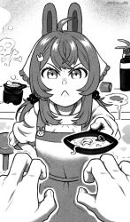Rule 34 | angry, animal ears, apron, cooking, food, hair tie, highres, incoming food, long hair, mateus upd, monochrome, phase connect, pipkin pippa, poison, pov, rabbit, rabbit ears, shaking, twintails, virtual youtuber