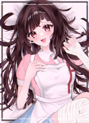 1girl absurdres apron bandaged_arm bandaged_leg bandages black_hair breasts character_name churu_(chu1e0) collared_shirt contrast_collar danganronpa_(series) danganronpa_2:_goodbye_despair fang highres large_breasts long_hair lying mole mole_under_eye o_soba_(soba3ly) on_back pink_eyes pink_shirt shirt smile solo sweat teeth tongue tsumiki_mikan upper_teeth_only white_apron white_shirt