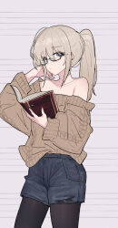 1girl black_pantyhose blue_shorts blush book brown_sweater chinese_commentary closed_mouth collarbone commentary_request earclip girls_band_cry glasses grey_eyes grey_hair highres holding holding_book kawaragi_momoka long_hair looking_at_viewer off_shoulder open_mouth pantyhose pantyhose_under_shorts ponytail shorts solo sweater yun_cao_bing