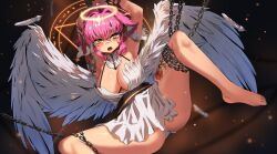 1girl absurdres animal_ears arm_garter arm_tattoo armpits arms_up bandaid bandaid_on_face bandaid_on_nose breasts chain dress el_xox facial_mark feathered_wings feathers flower_tattoo halo heart heart_facial_mark highres indie_virtual_youtuber knightfang large_breasts leg_tattoo lop_rabbit_ears octopus_tattoo open_mouth pink_hair rabbit_ears restrained second-party_source short_dress solo tattoo virtual_youtuber white_dress white_wings wings yellow_eyes