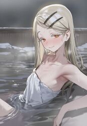 Rule 34 | 1girl, armpits, blonde hair, blush, brown eyes, earrings, flat chest, gakuen idolmaster, hair ornament, hairclip, highres, idolmaster, in water, jewelry, l.u.v, leaning back, long hair, naked towel, onsen, outdoors, shinosawa hiro, sitting, smile, solo, thick eyelashes, towel, towel around waist, wet