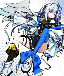 1girl absurdres amane_kanata amane_kanata_(work) ankle_boots asymmetrical_legwear bare_shoulders black_dress black_gloves blue_eyes boots colored_inner_hair double-parted_bangs dress gloves hair_between_eyes hair_ornament hairpin halo highres hololive jacket jewelry ji-rex multicolored_hair necklace off-shoulder_dress off_shoulder open_clothes open_jacket partially_fingerless_gloves pleated_dress shoes single_sock single_thighhigh single_wing socks solo thigh_strap thighhighs two_side_up virtual_youtuber white_hair white_jacket white_shoes wings