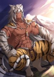 1boy abs animal animal_on_head animal_print bara bare_pectorals bellsaltr body_fur chinese_zodiac dark-skinned_male dark_skin detached_sleeves fang full_body highres jewelry large_pectorals long_hair male_focus mature_male mouse_(animal) muscular muscular_male navel navel_hair necklace nipples on_head original pants pectorals print_pants skin_fang solo squatting stomach tail thick_thighs thighs tiger_boy tiger_print tiger_stripes tiger_tail tooth_necklace tribal year_of_the_tiger