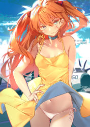 1girl aircraft airplane artist_name bare_shoulders blue_choker blue_eyes blue_sky blush breasts choker cleavage closed_mouth cowboy_shot day dress floating_hair hair_ornament hand_on_own_hip long_hair looking_at_viewer neon_genesis_evangelion orange_hair outdoors panties pantyshot shiny_skin side-tie_panties sky small_breasts solo souryuu_asuka_langley sundress sydus thigh_gap thong two_side_up underwear upskirt v-shaped_eyebrows very_long_hair white_panties wind wind_lift yellow_dress