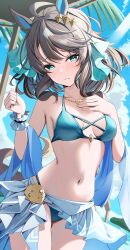 1girl absurdres animal_ears bare_shoulders bikini bikini_skirt blue_bikini blue_eyes blue_ribbon blue_shawl blush breasts brown_hair closed_mouth commentary_request commission daring_tact_(umamusume) hair_ribbon hand_on_own_chest highres horse_ears horse_girl horse_tail jewelry long_hair looking_at_viewer navel necklace ribbon shawl shell shell_necklace skeb_commission solo stomach swimsuit tail umamusume vami