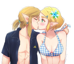 1boy 1girl artist_name bikini bikini_top_only blonde_hair blue_eyes blush breasts cleavage closed_eyes earrings elf flower green_eyes highres jewelry kiss link looking_at_another nintendo pectorals pointy_ears ponytail princess_zelda shiny_skin sidelocks silent_princess swimsuit teraichigo the_legend_of_zelda the_legend_of_zelda:_tears_of_the_kingdom triforce_print unbuttoned unbuttoned_shirt upper_body