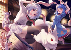 4girls absurdres animal animal_ears black_thighhighs blonde_hair blue_dress blue_hair blush brown_headwear cabbie_hat closed_mouth collared_shirt cup dress earclip eating floppy_ears food full_moon hat highres holding holding_tray kine light_purple_hair long_hair mallet messiah_&amp;_crea mochi moon multiple_girls necktie open_mouth pleated_skirt puffy_short_sleeves puffy_sleeves rabbit rabbit_ears rabbit_tail red_eyes red_necktie red_skirt reisen_(touhou_bougetsushou) reisen_udongein_inaba ringo_(touhou) seiran_(touhou) shirt short_hair short_sleeves skirt smile tail thighhighs touhou tray white_shirt white_skirt